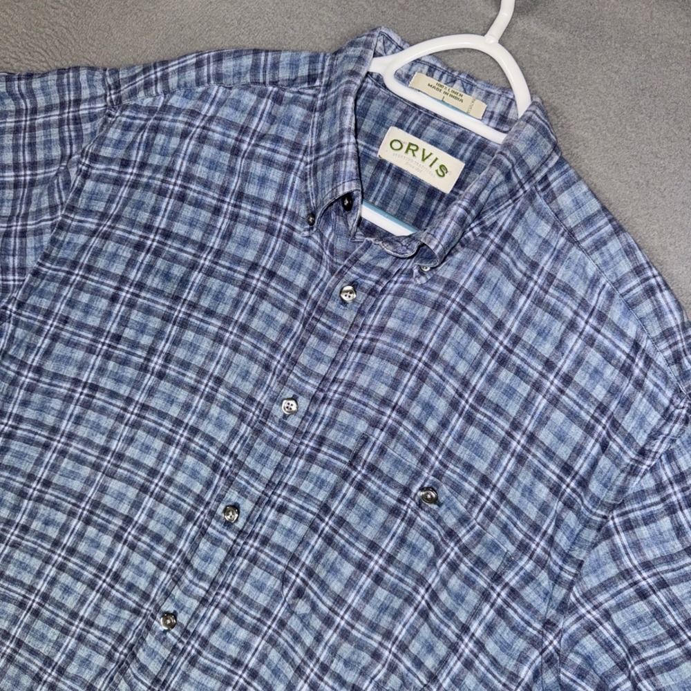 Orvis Shirt Mens Large Blue Plaid Check 100% Linen Short Sleeve Button Down